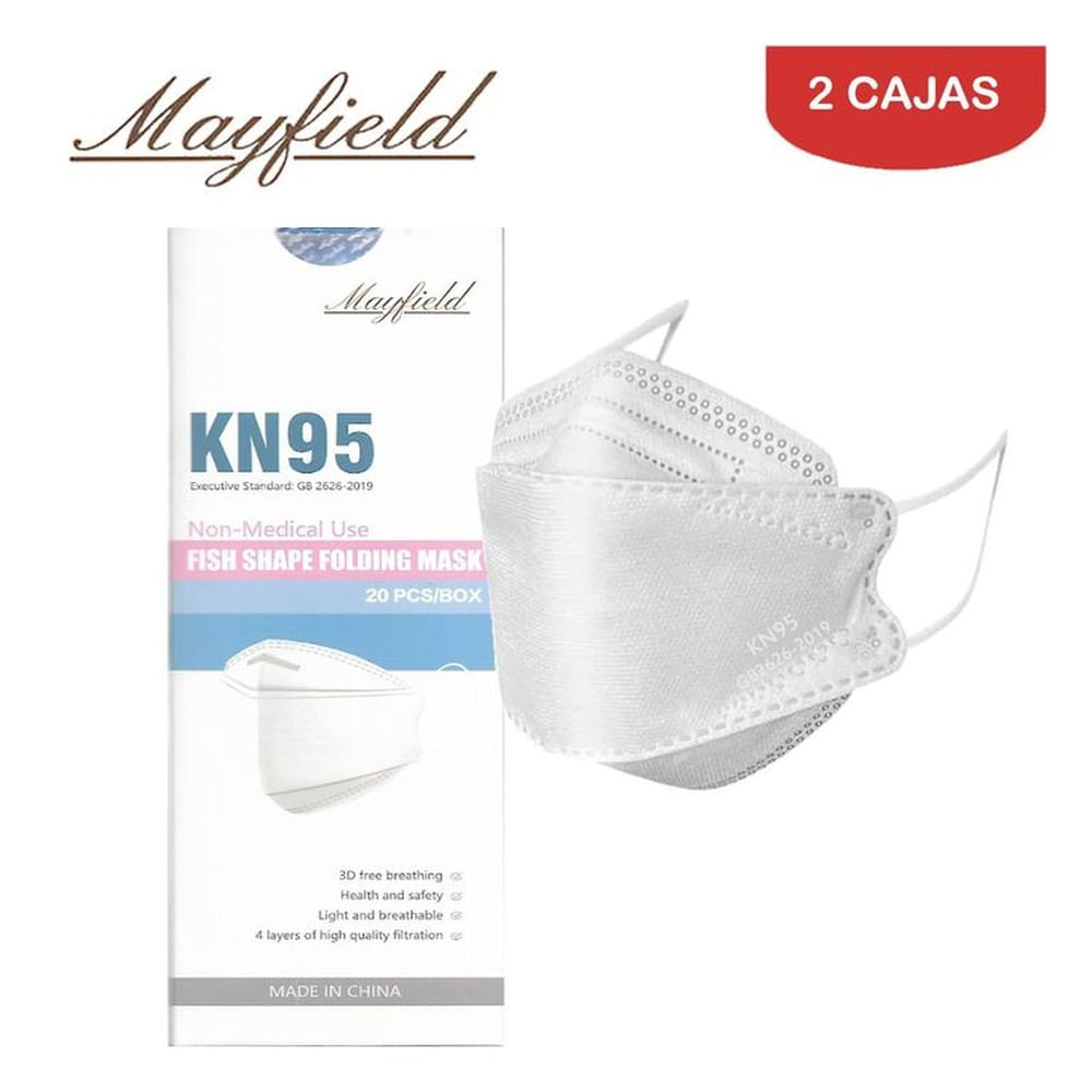 Mascarilla KN95 Fish Shape 3D blanco caja*20und MAYFIELD. Pack 2 cajas
