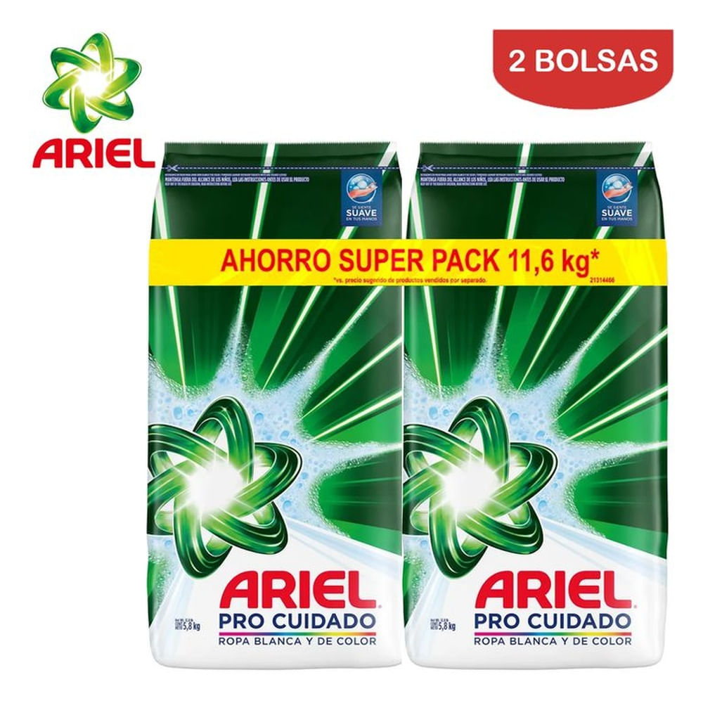 Detergente en polvo 5.8 kilos Pro Cuidado ARIEL. Pack 2 bolsas