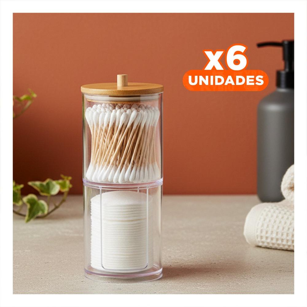 Pack6 Porta Hisopos Doble de Acrilico con Tapa de Madera Transparente Multiuso Y+Regalo Sticker