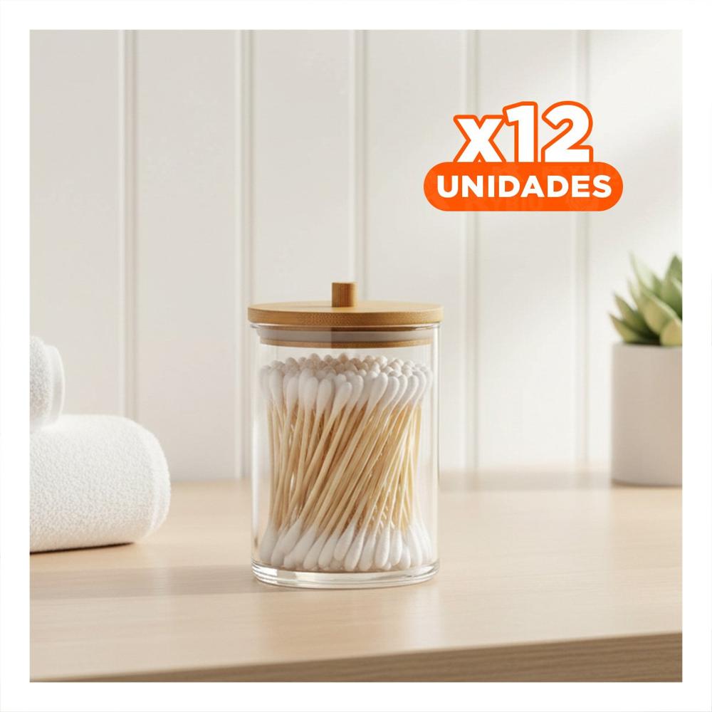 Pack12 Porta Hisopos Acrilico con Tapa de Madera 7x11cm Transparente Orden Diario