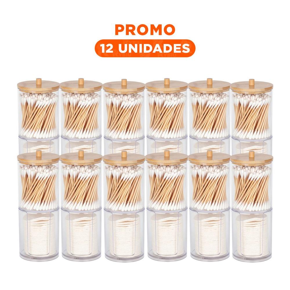 Pack12 Porta Hisopos Doble de Acrilico con Tapa de Madera Practico Plus Y+Regalo Sticker