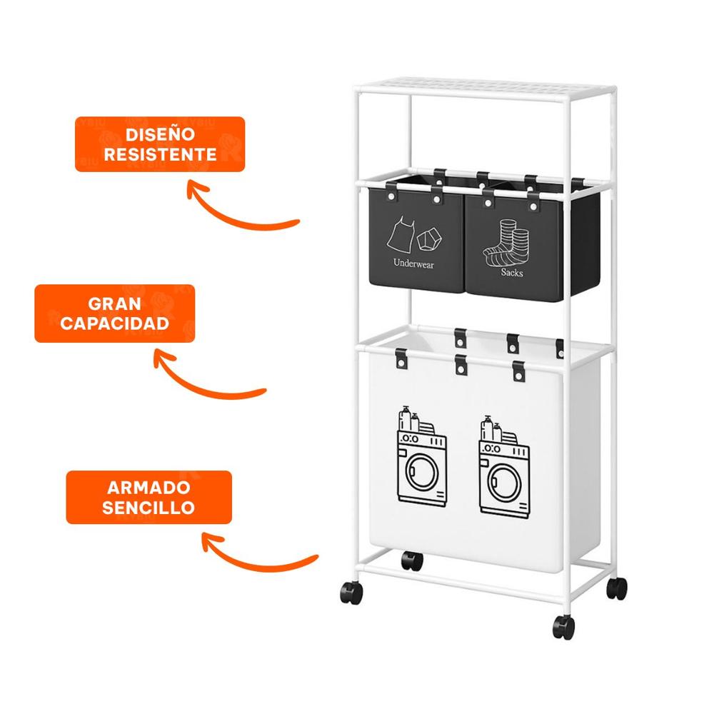 Carro Ropa Sucia 3 Niveles Sistema Organizador con 3 Cestos Blanco Negro Y+Ligas Regalo