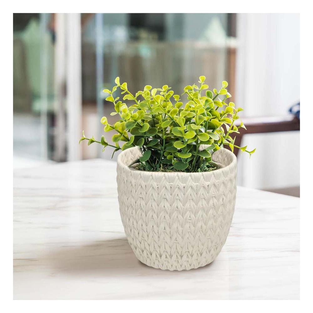 Macetero Elegante Curvo Cemento 12x12cm Blanco Tejido V Hogar Festivo Y+Papel Regalo