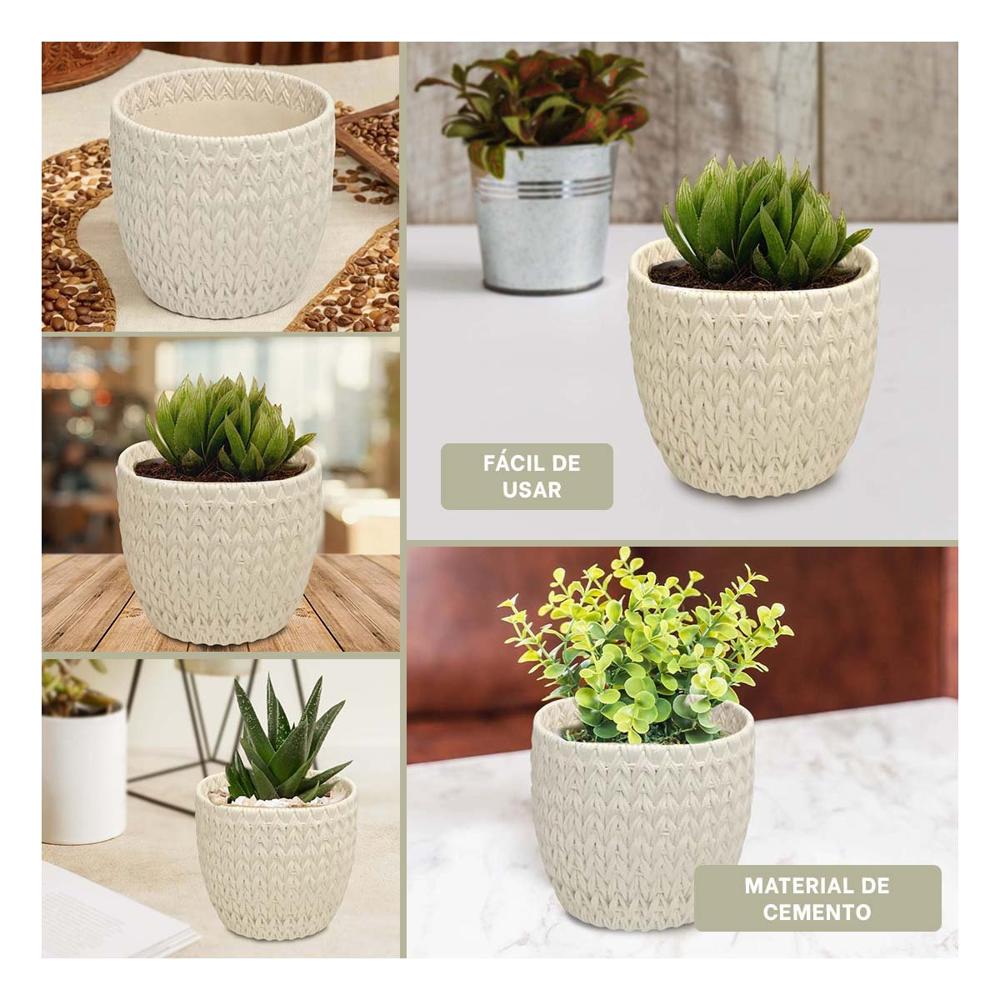 Macetero Jardin Curvo Cemento 12x12cm Blanco Tejido V Decoracion LED