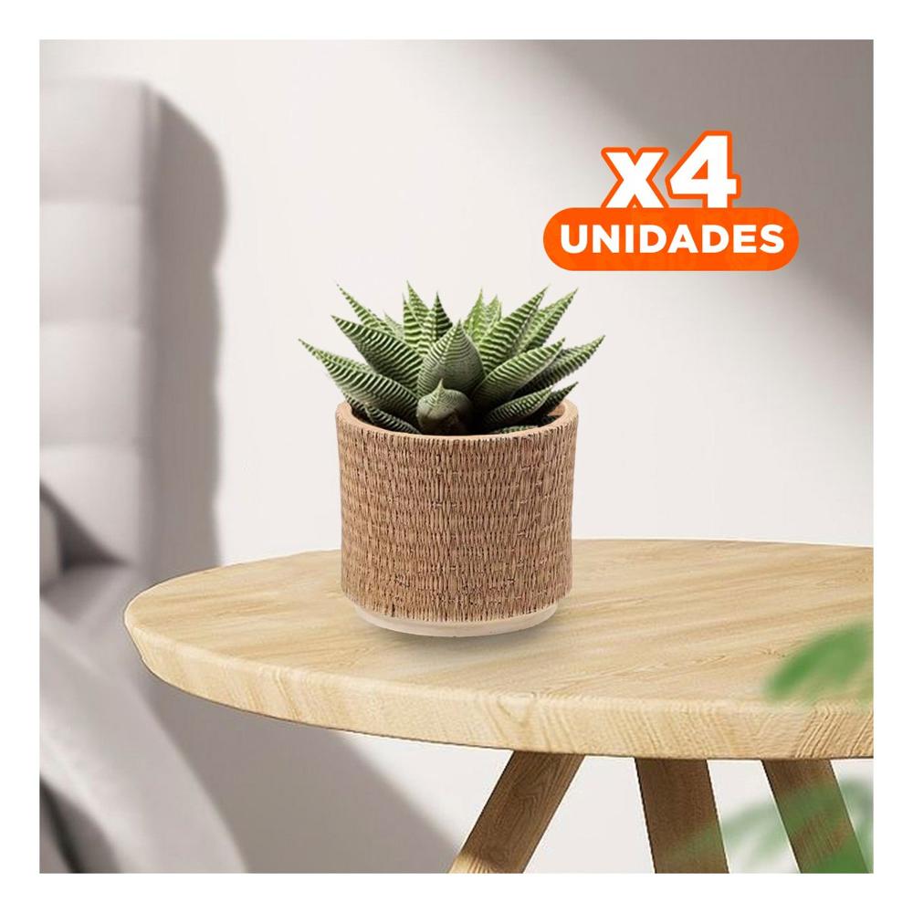 Pack4 Vaso Hogar Cemento 13x13cm Mostaza Tejido Rafia Para Interior Y+Papel Regalo