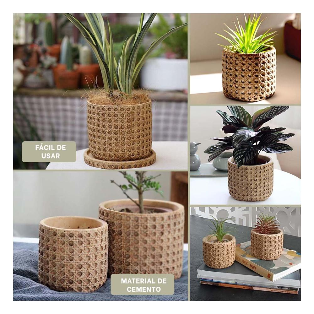 Contenedor Minimalista Cilindro Cemento Mostaza Tejido Rombos Salon