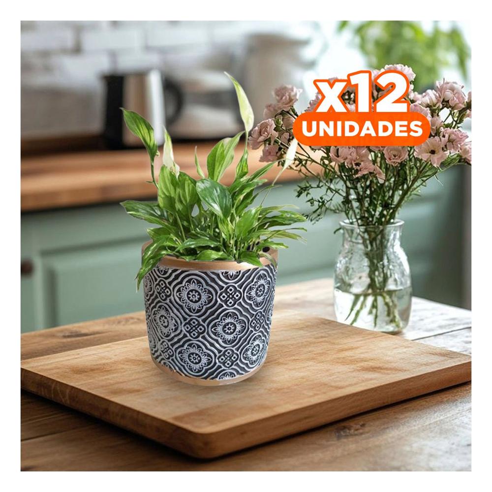 Pack12 Jardinera Estilo Cemento 11x10.5cm Negro Blanco y Dorado Mandala