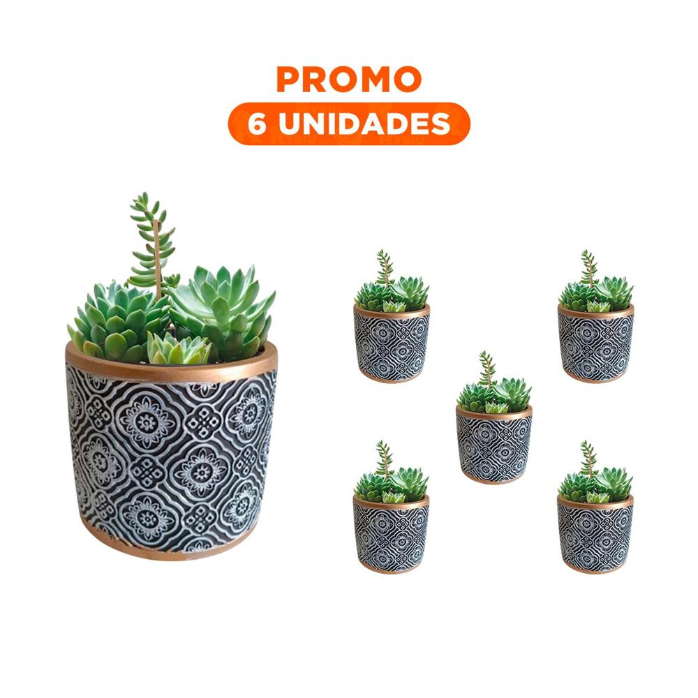 Pack6 Soporte Estilizado Cemento 11x10.5cm Negro Blanco y Dorado Mandala