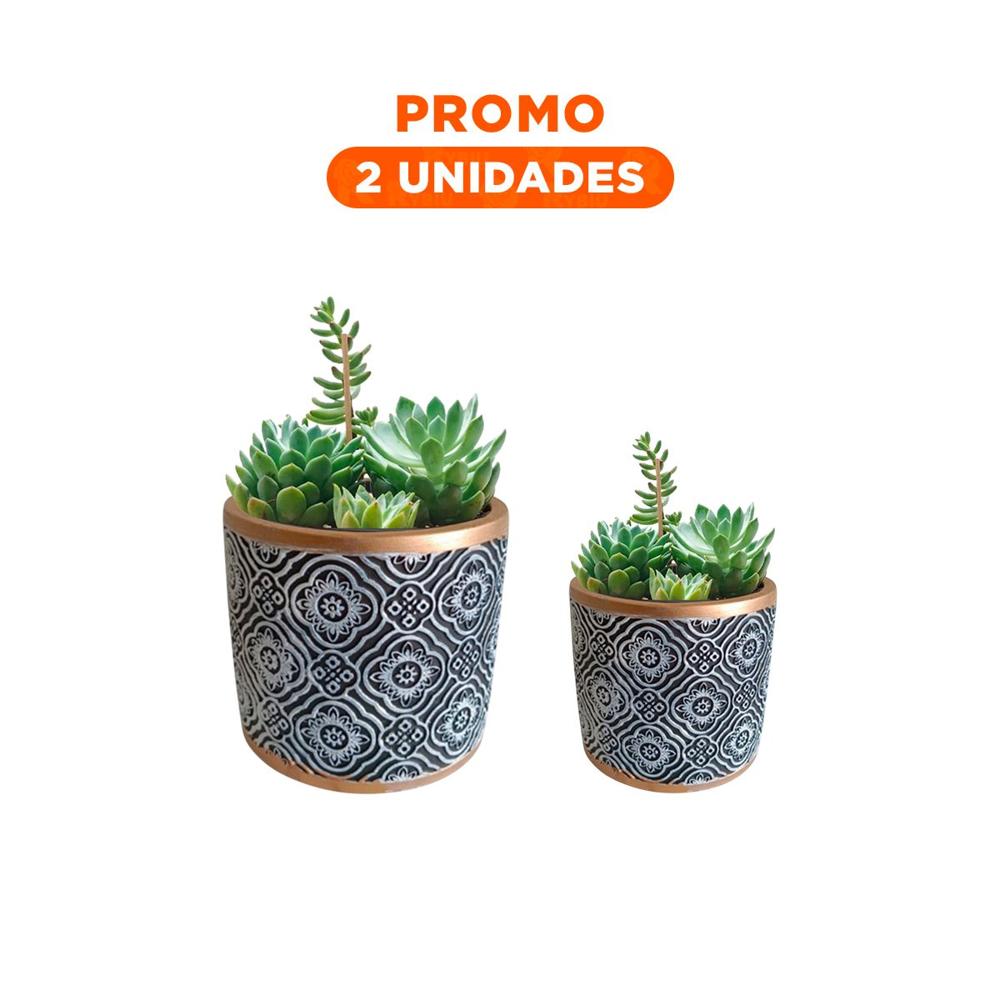 Pack2 Recipiente Moderna Cemento 11x10.5cm Negro Blanco y Dorado Mandala