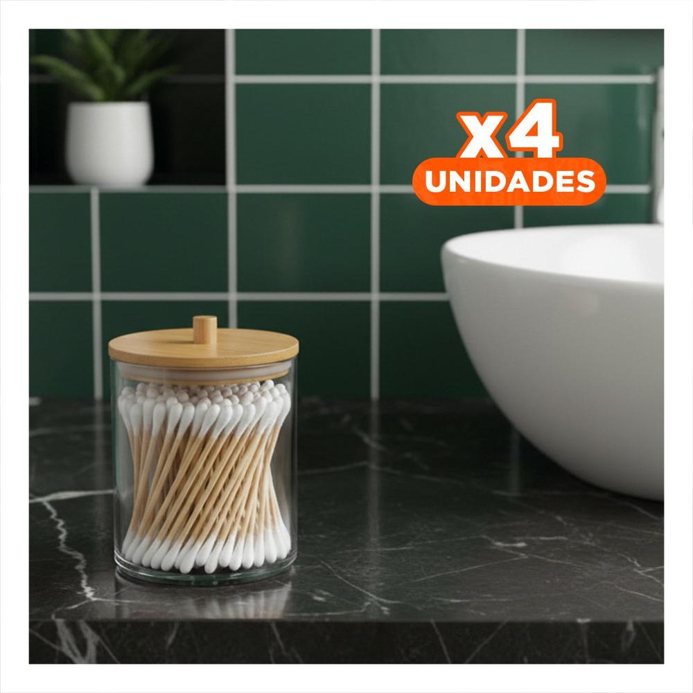 Pack4 Deposito Acrilico con Tapa de Madera 7x11cm Transparente para Hisopos