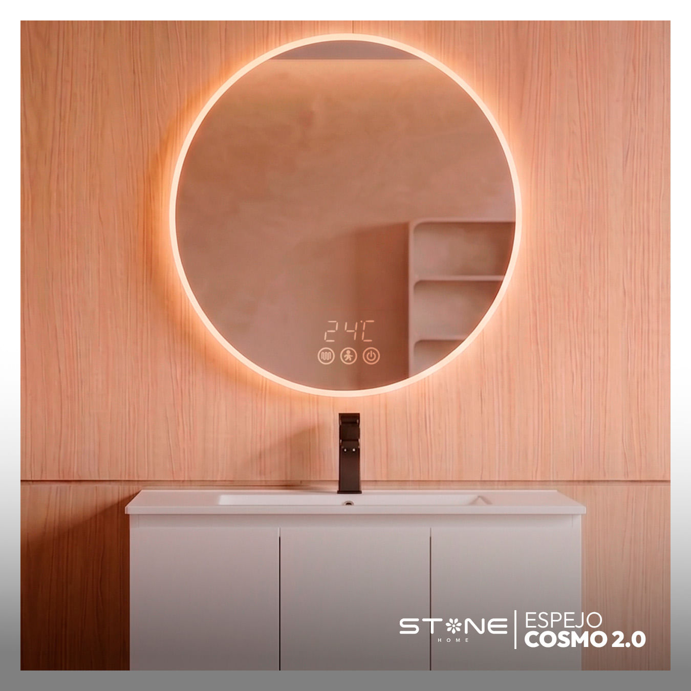 Espejo Redondo Led Táctil Cosmo 60x60 cm Stone - Con reloj y sensor