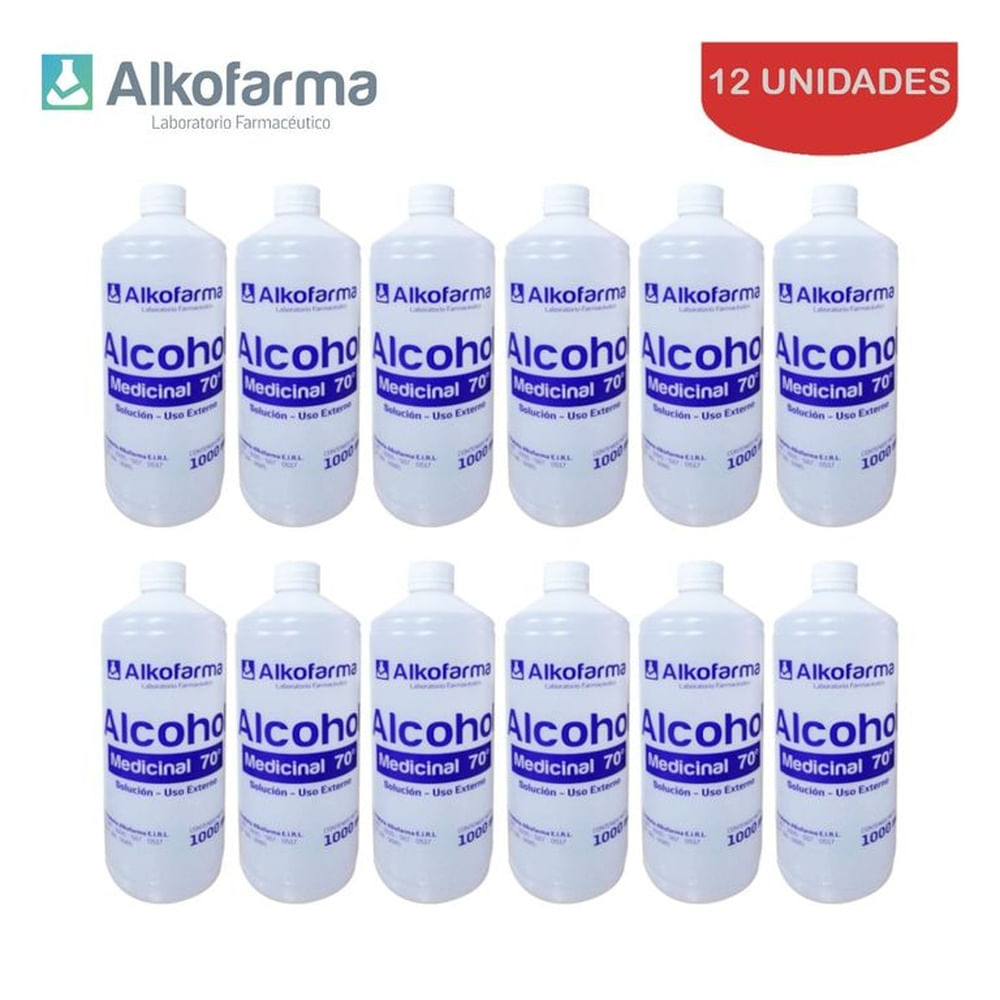 Alcohol líquido medicinal 70° 1 litro ALKOFARMA. Pack 12 unidades
