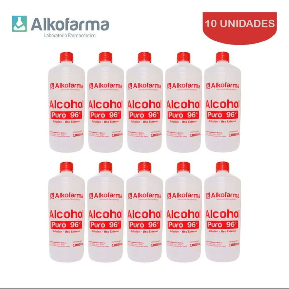 Alcohol líquido puro 96° 1 litro ALKOFARMA. Pack 10 unidades