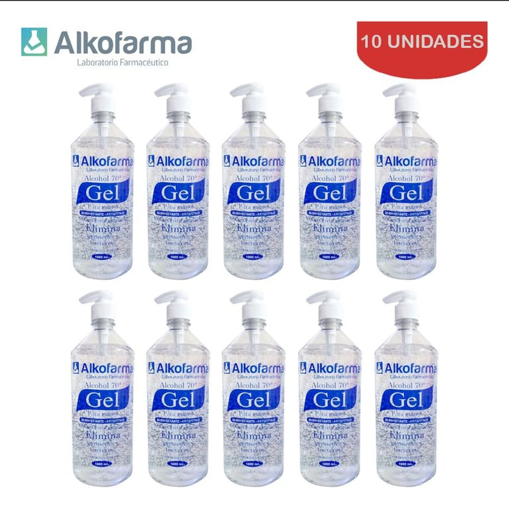 Alcohol en gel 70° 1 litro ALKOFARMA. Pack 10 unidades