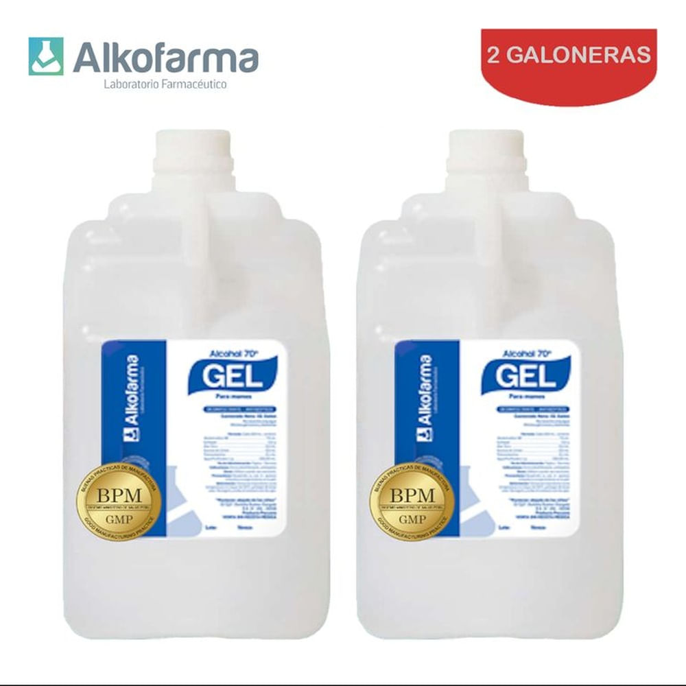Alcohol en gel 70° galón 4 litros ALKOFARMA. Pack 2 galoneras