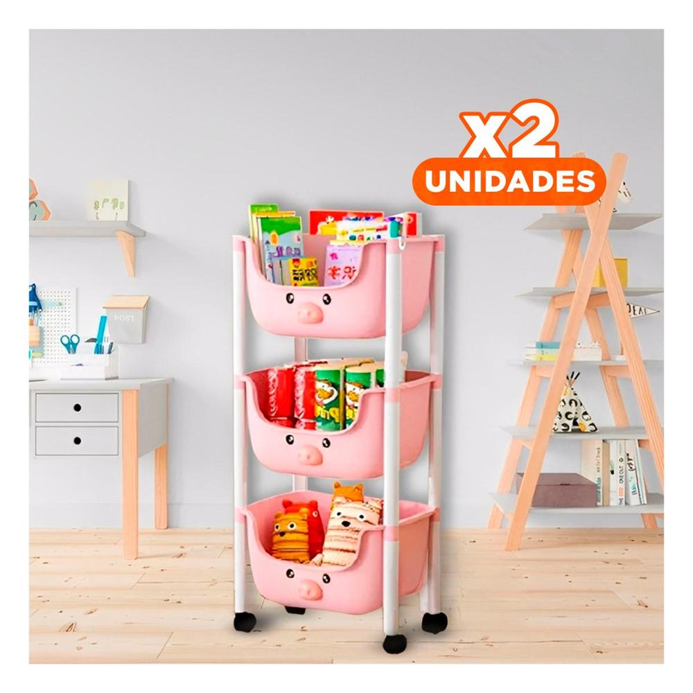 Pack2 Contenedor Kawaii 3 Niveles Estructura Resistente con Chancho Rosado Y+Papel Regalo