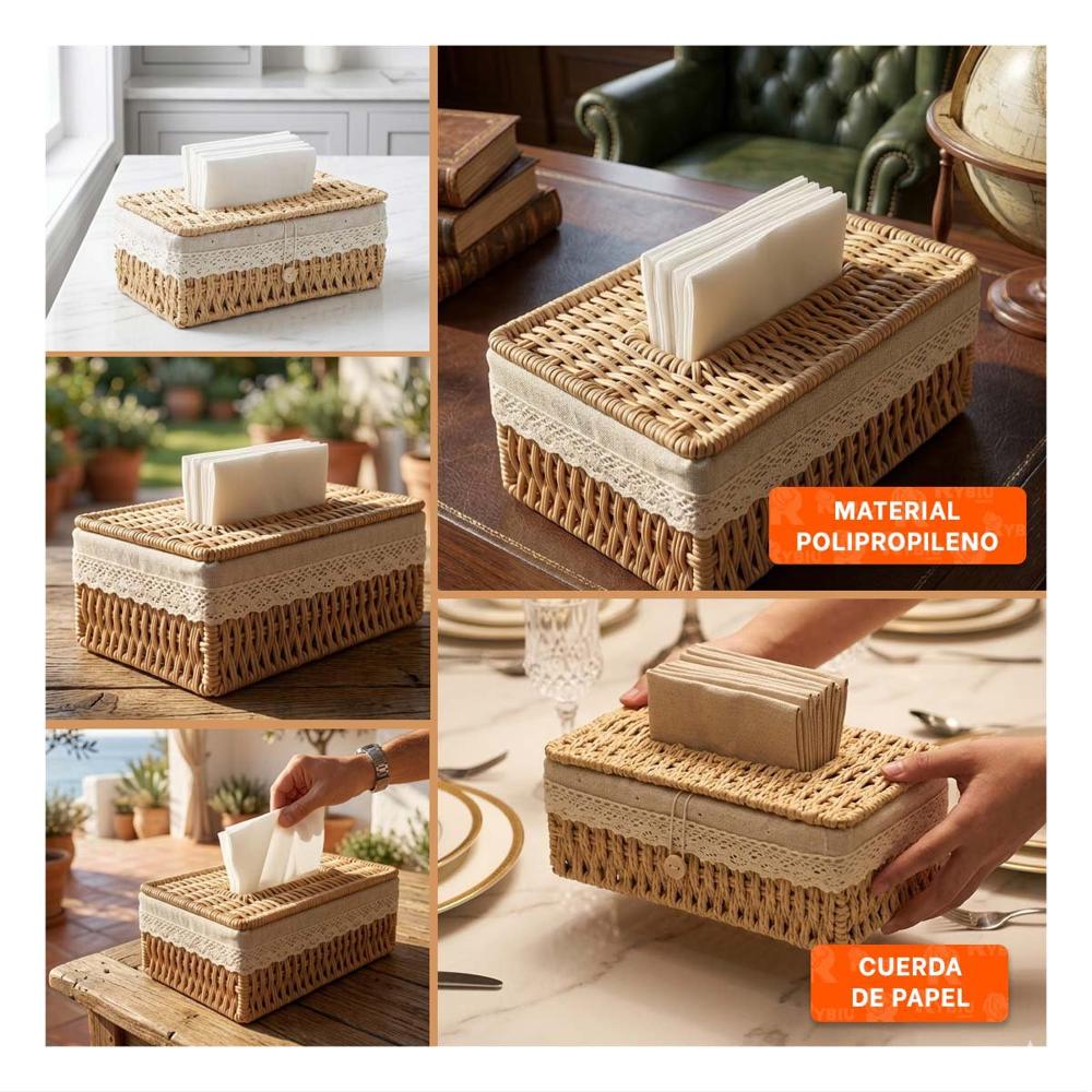 Dispensador Servilletas Canasta Tejida con Forro Tela Beige 20x14x9cm