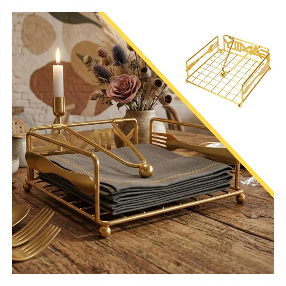Soporte Servilletas Dorado con Brazo Dispensador Organizador de Mesa Y+Ligas Regalo