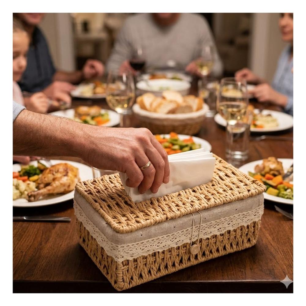 Soporte Servilletas Canasta Tejida con Forro Tela Beige 20x14x9cm Mesa Y+Papel Regalo