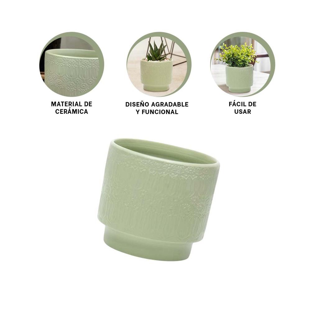 Vasija Cilindro Ceramica 13x13cm Verde Claro Tulipanes Flores Para Casa Y+Ligas Regalo