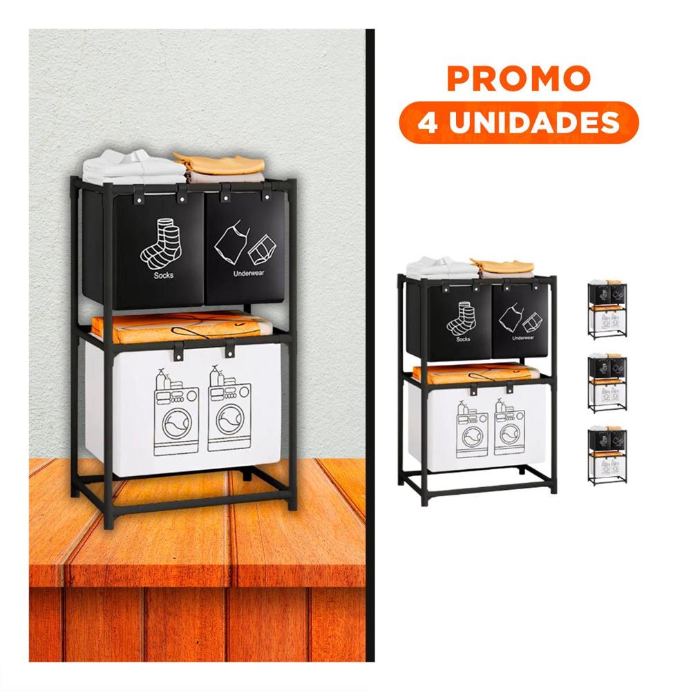 Pack4 Organizador ropa sucia 2 niveles y 3 cestos para casa negro y blanco Y+Regalo Sticker