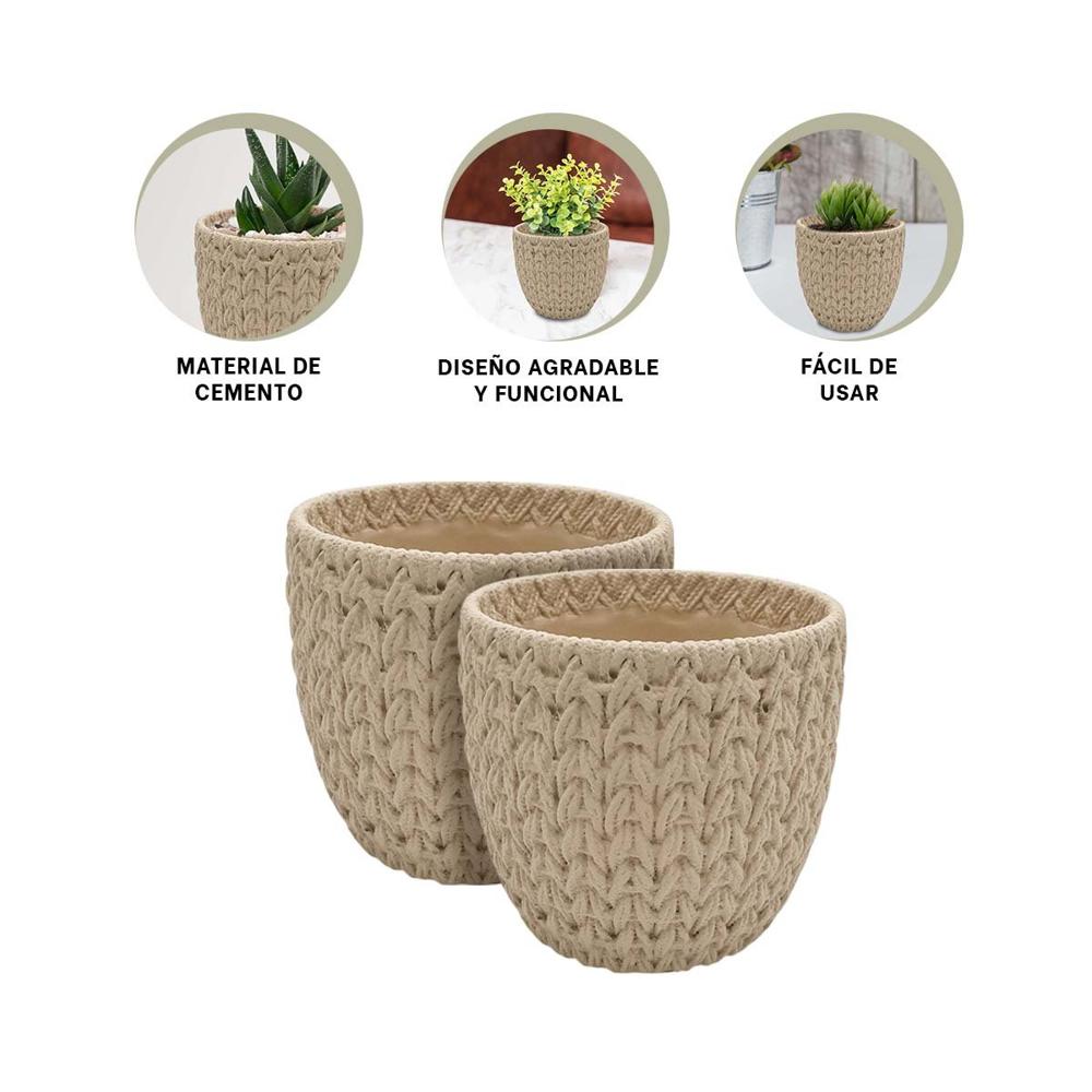 Macetero Redondo Curvo Decorativo Cemento 12x12cm Crema Tejido V Y+Ligas Regalo