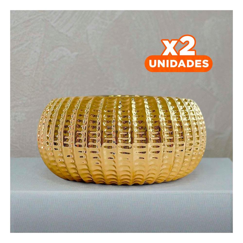 Pack2 Cuenco Ovalado Ceramica Galvanizada 15x20x10.5cm Dorado Y+Regalo Sticker