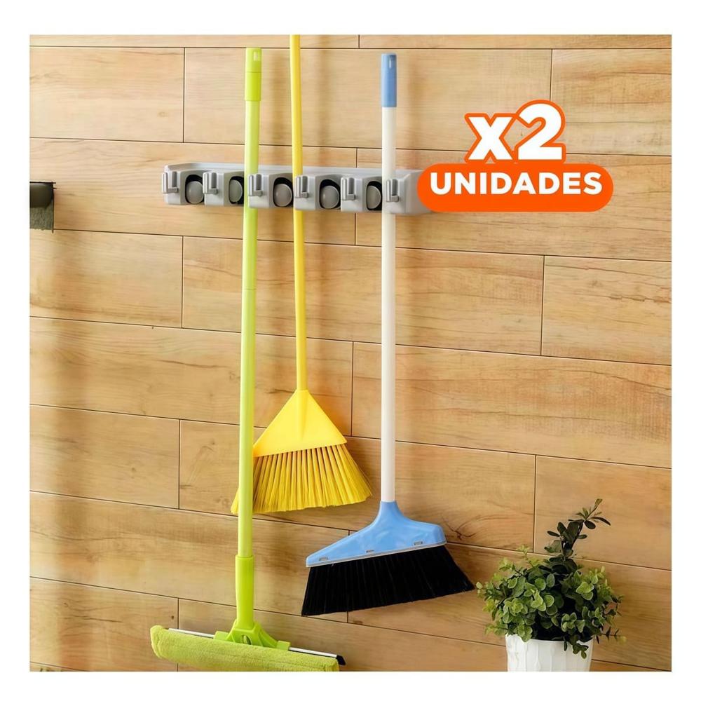 Pack2 Soporte Funcional para Escobas con 5 Espacios para Casa Plomo Y+Regalo Sticker