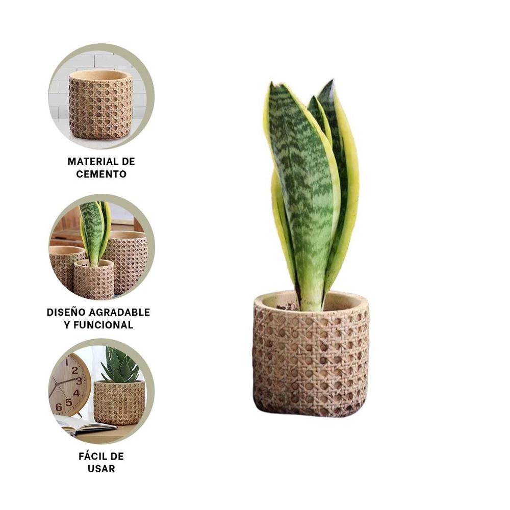 Macetero Decorativo Cilindro Cemento Mostaza Tejido Rombos Interior Y+Ligas Regalo
