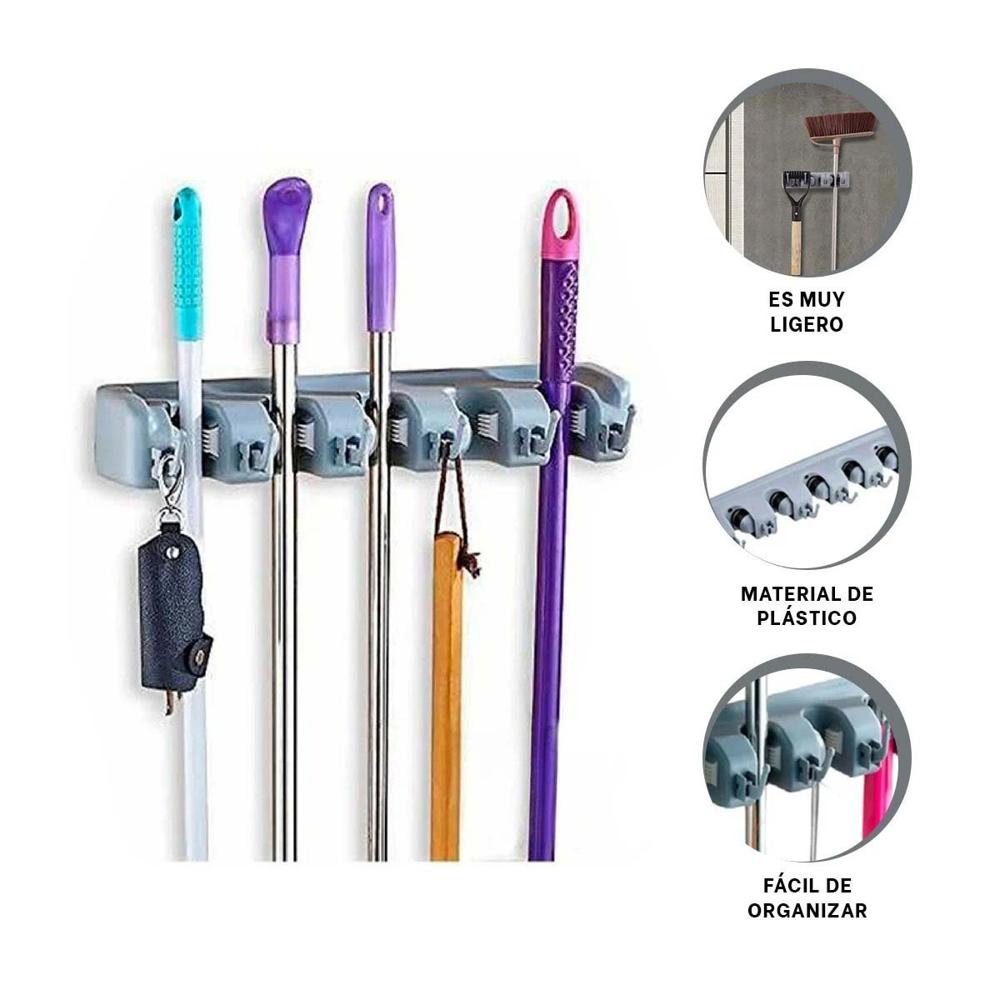 Organizador Domestico de Escobas con 5 Espacios para Casa Plomo Y+Ligas Regalo