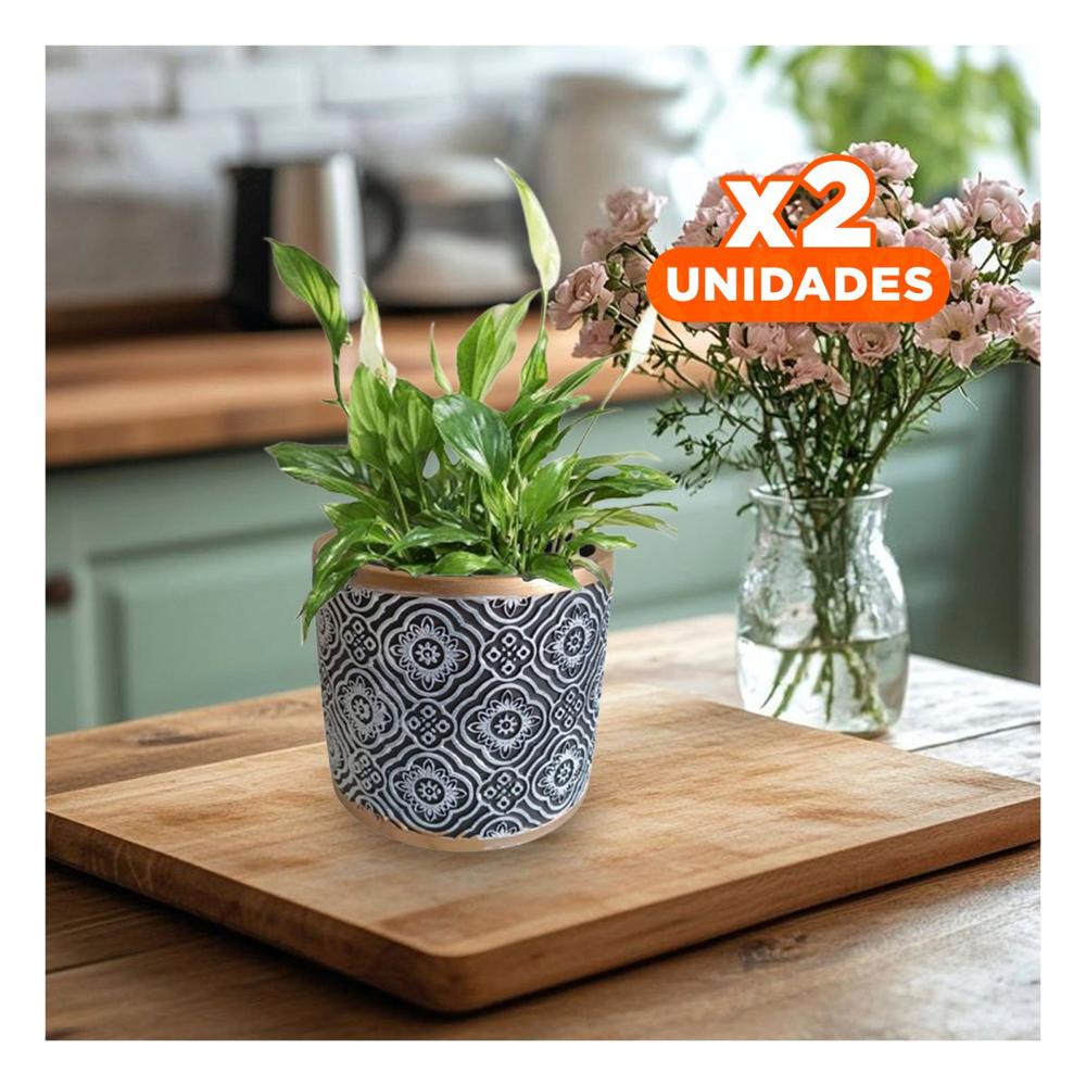 Pack2 Recipiente Estilizado Cemento 11x10.5cm Negro Blanco y Dorado Mandala Y+Papel Regalo