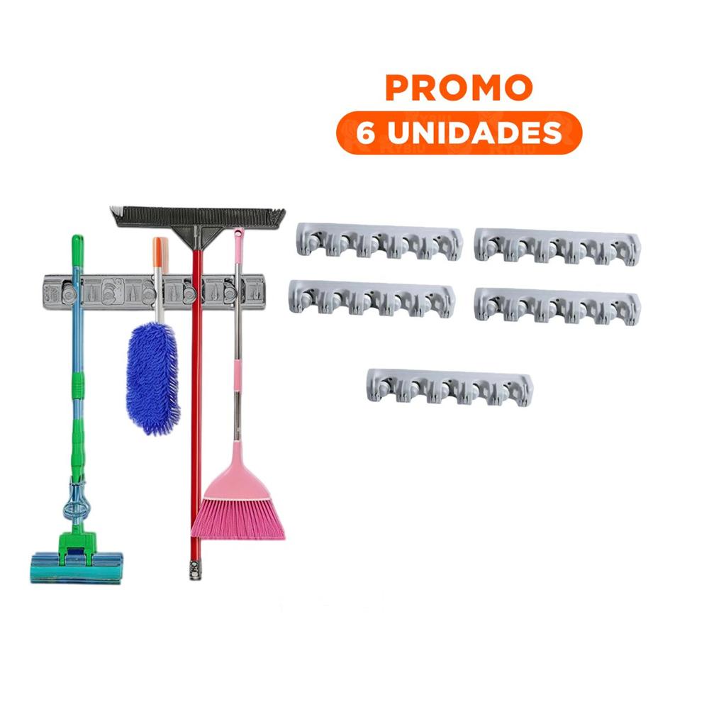 Pack6 Colgador Funcional de Escobas con 5 Espacios para Casa Plomo