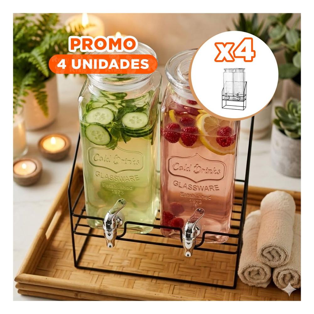 Pack4 Dispensador Doble Transparente 2,2L Bebida para Eventos y Mesa