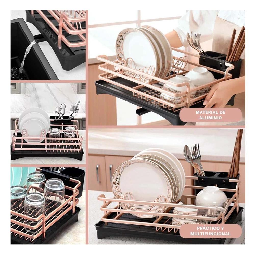 Organizador de Platos con Soporte para Utensilios y Drenaje Oro Rosa