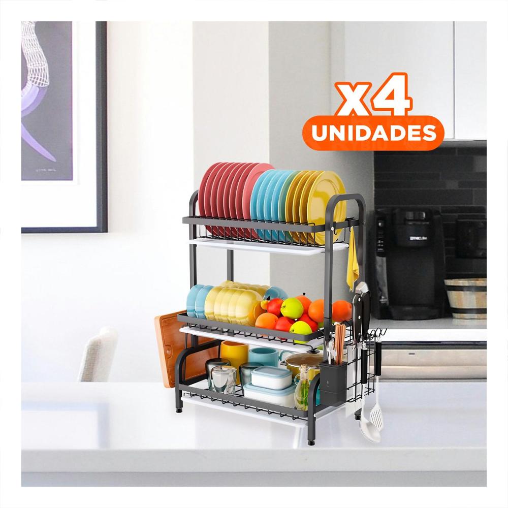 Pack4 Escurridor de Platos de Uso Diario con 3 Niveles Negro