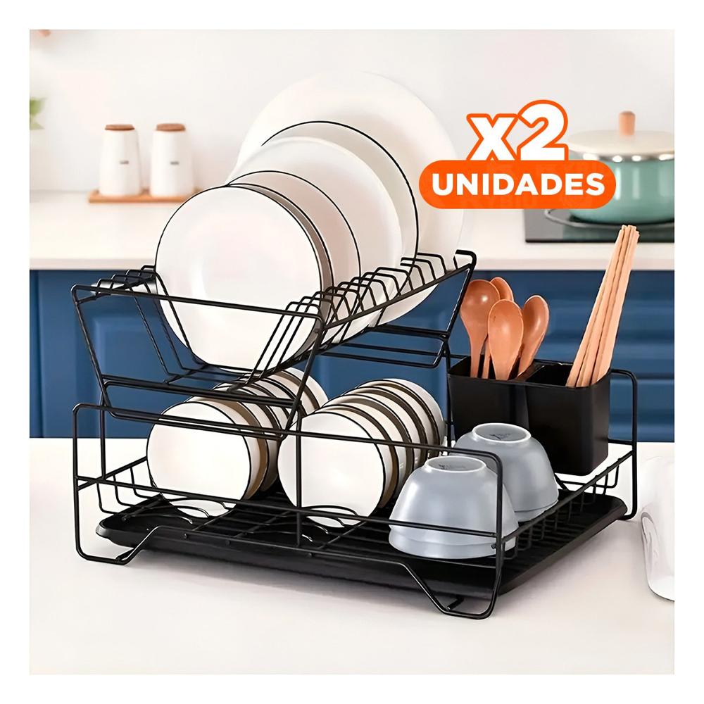 Pack2 Escurridor de Platos con Bandeja y Soporte Utensilios en Color Negro Y+Papel Regalo