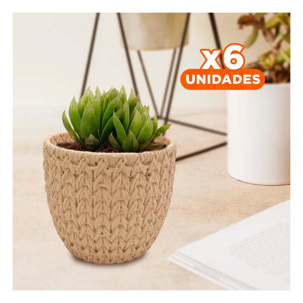 Pack6 Vasija Redonda Curva Hogar Y Decoracion Cemento 12x12cm Crema Tejido V Y+Papel Regalo