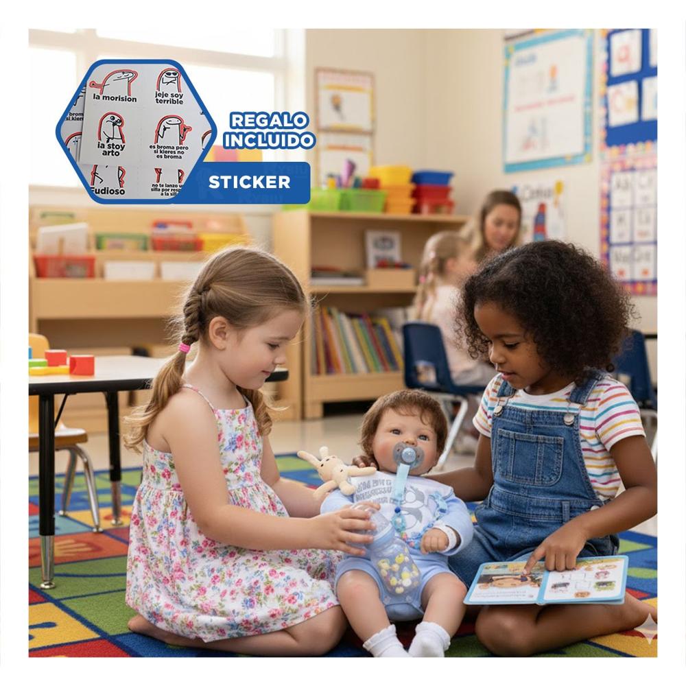 Recien Nacido Falso 60cm con pijama y babero Celeste para Entretenimiento Y+Regalo Sticker