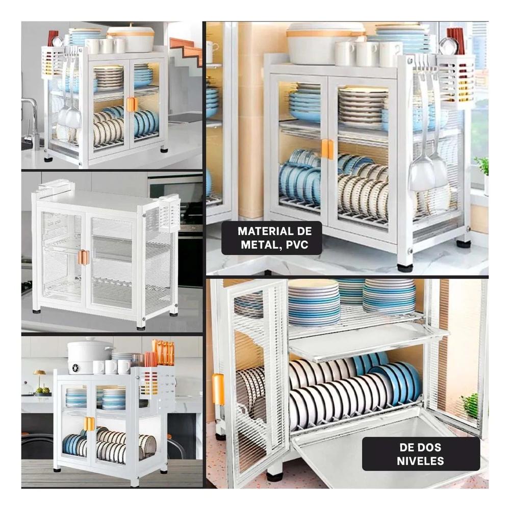 Organizador de Platos con Puertas de 2 Niveles y Bandejas Blanco