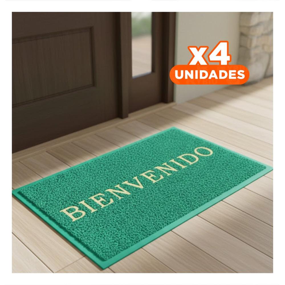 Pack4 Alfombra Rectangular Bienvenido Verde para Decorar Entrada y Pasillo