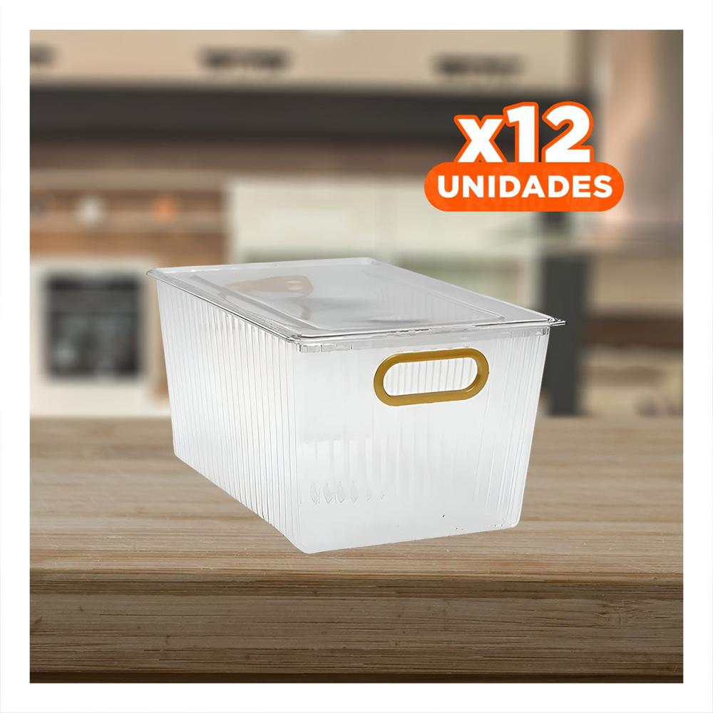 Pack12 Porta Utensilios Transparente de Acrilico Rectangular con Tapa y Asas Doradas