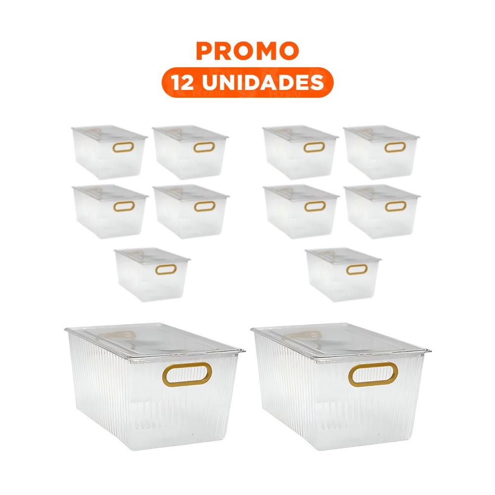 Pack12 Unidad Apilable de Acrilico Rectangular con Tapa y Asas Doradas Y+Regalo Sticker