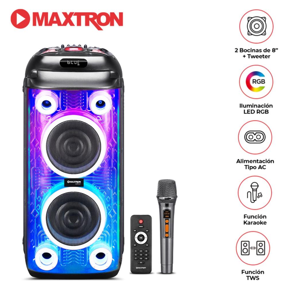 Torre de Sonido Maxtron Circuit MX 806 Bocinas de 8” TWS BT USB Iluminación LED RGB