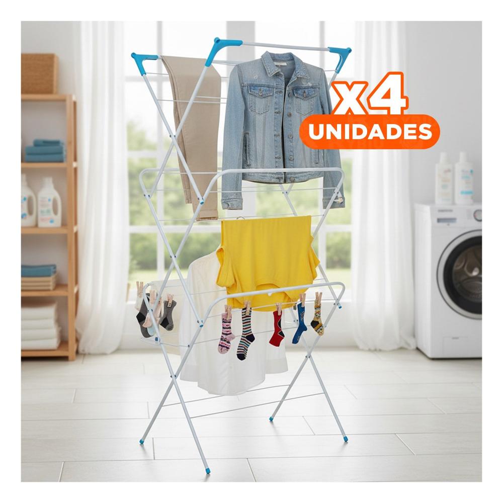 Pack4 Rack de Ropa Plegable 3 Niveles Blanco Version V Facil Uso Diario