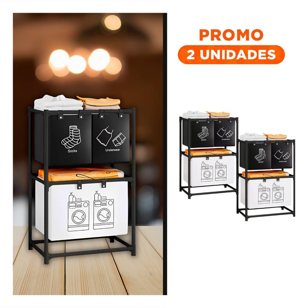 Pack2 Contenedor ropa sucia doble nivel con 3 cestos negro y blanco