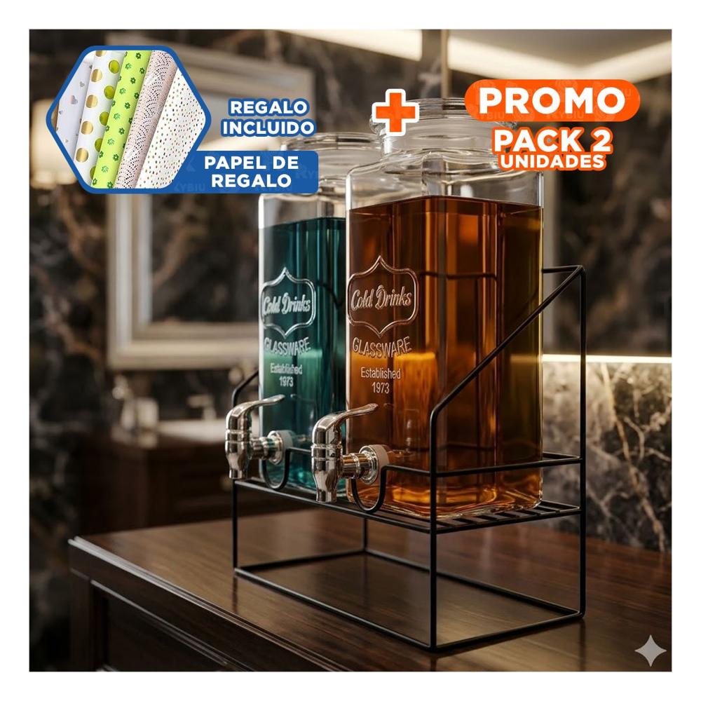 Pack2 Dispensador Doble Bebida Transparente 2,2L con Base para Mesa Y+Papel Regalo