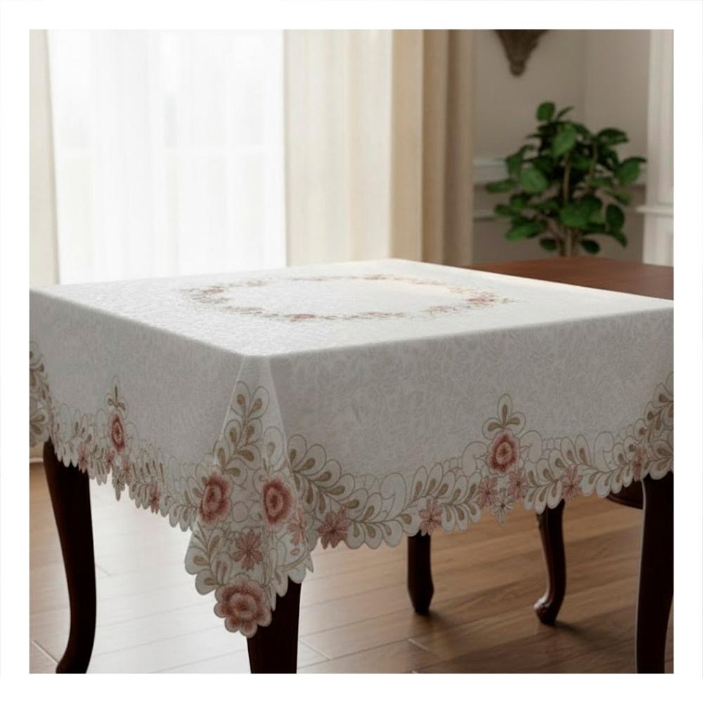 Lienzo de Mesa Crema con Borde Bordado Flores y Hojas 350x180cm para Eventos Y+Ligas Regalo
