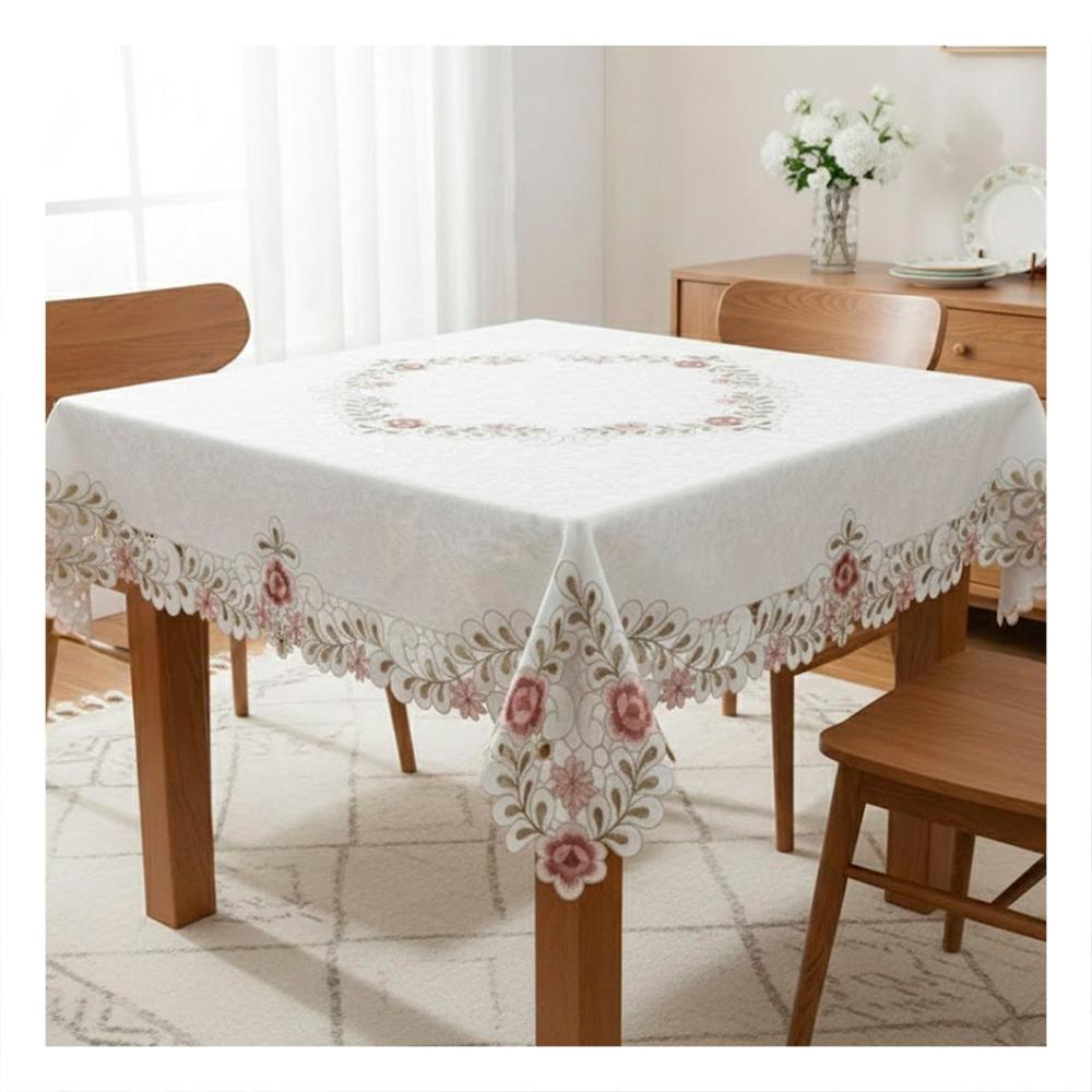 Mantel Crema con Borde Bordado Flores y Hojas 350x180cm para Mesa