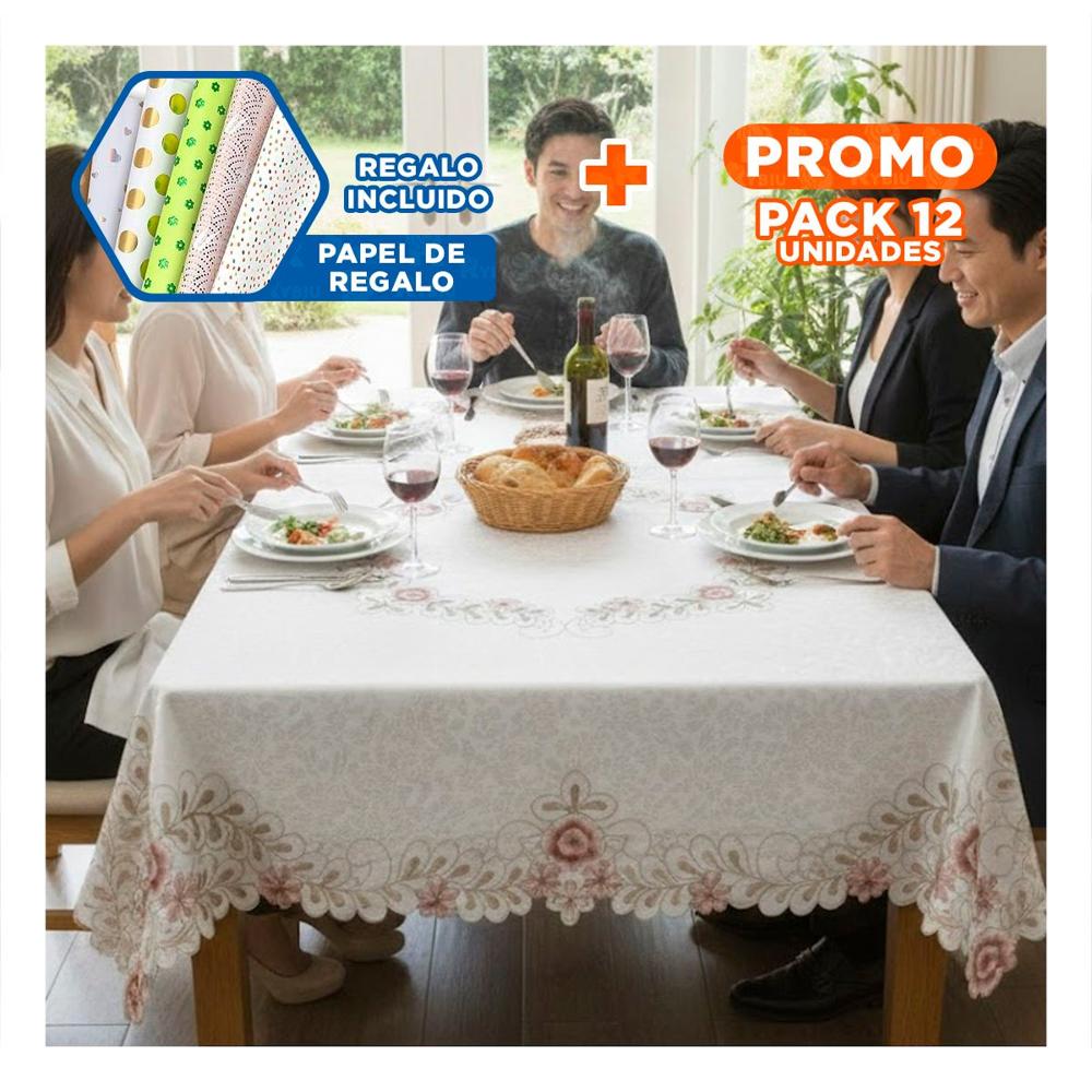 Pack12 Tapete de Mesa Crema Flores y Hojas Borde Bordado 350x180cm para Hogar Y+Papel Regalo