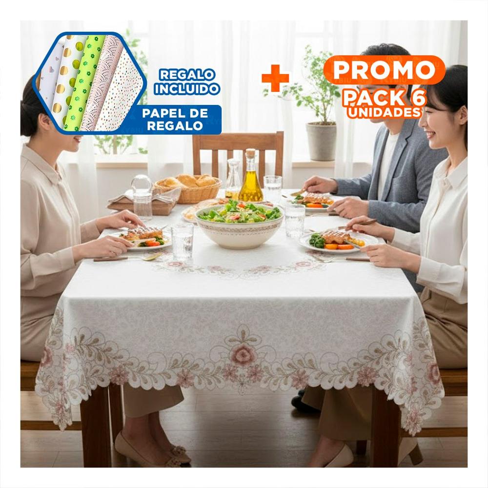 Pack6 Protector de Mesa Flores y Hojas Crema con Borde Bordado 350x180cm Y+Papel Regalo
